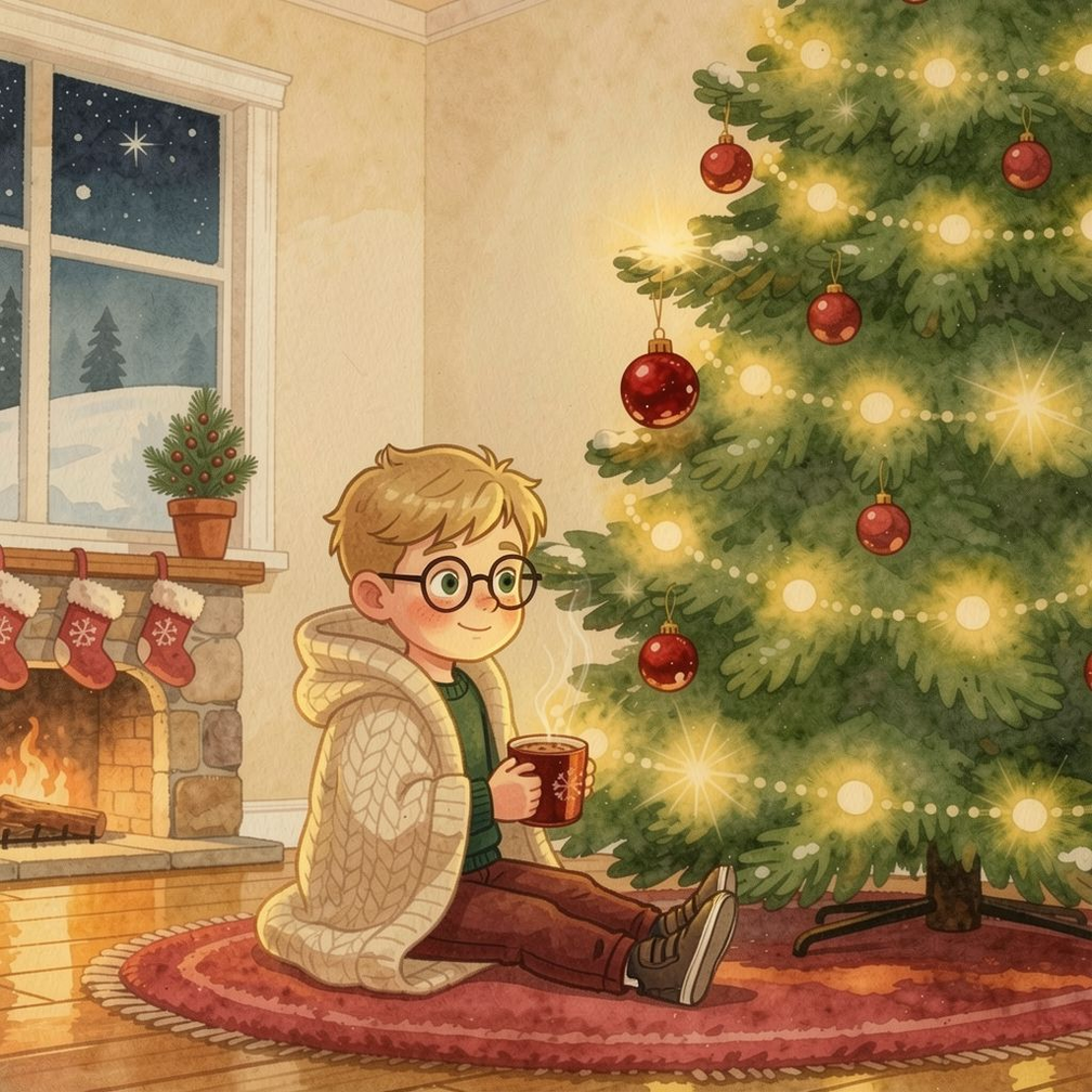 A Wonderful Christmas personalized story art featuring Young boy: It has become evening now. Luca sits cuddled up in front of the warm fireplace. The…