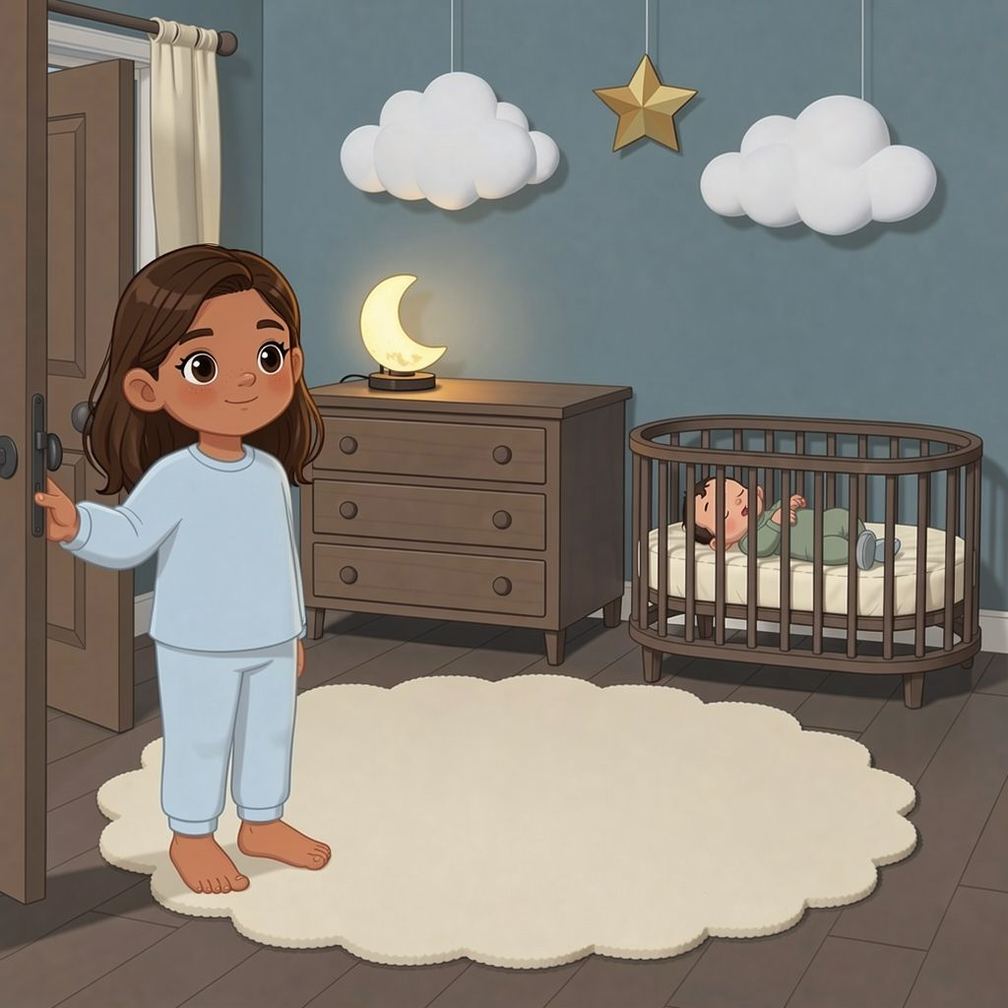 Becoming a Big Sibling personalized story art featuring Young girl becoming a big sibling: That evening, the baby slept on its back in the bare bassinet beneath the high golden…