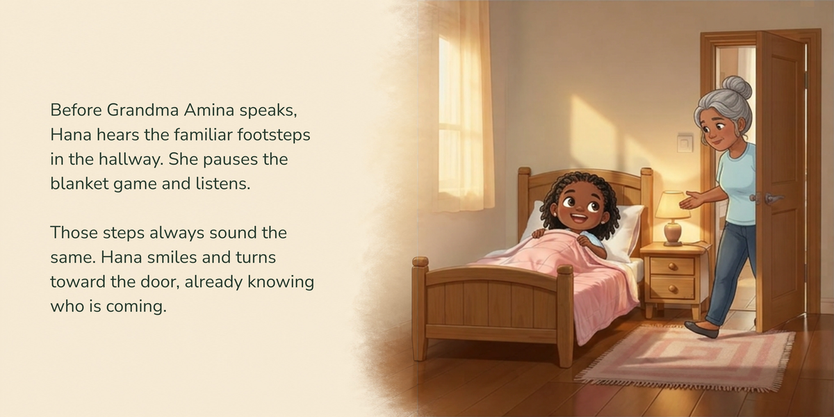 Full English story spread from Little Moments, Big Love, with illustration continuing behind the text