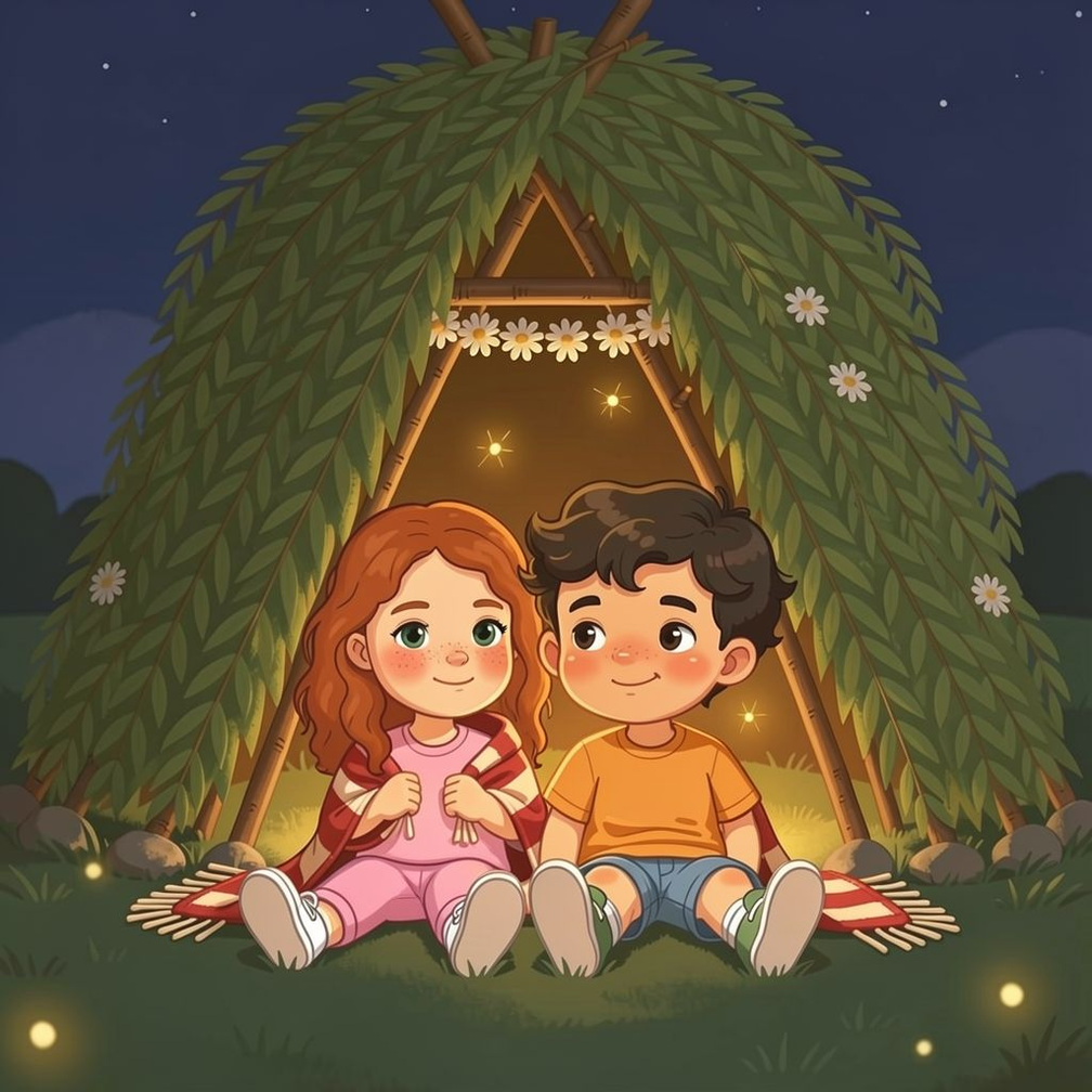 Our Secret Hideout personalized story art featuring Young girl and young boy: Wrapped in the striped blanket, warm shoulder to warm shoulder, they smiled sleepy…