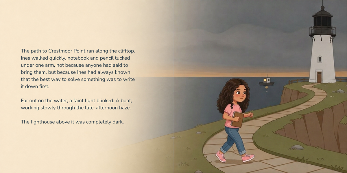Full English story spread from The Lighthouse Mystery, with illustration continuing behind the text