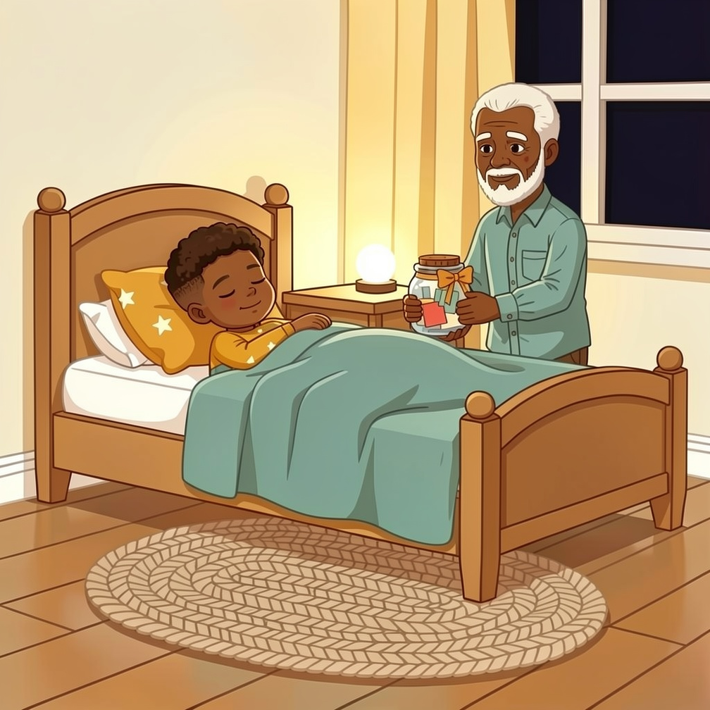 Why I Love You personalized story art featuring Young boy and grandfather: Later, the house is quiet. Very gently, Grandpa James sets the jar down on the…