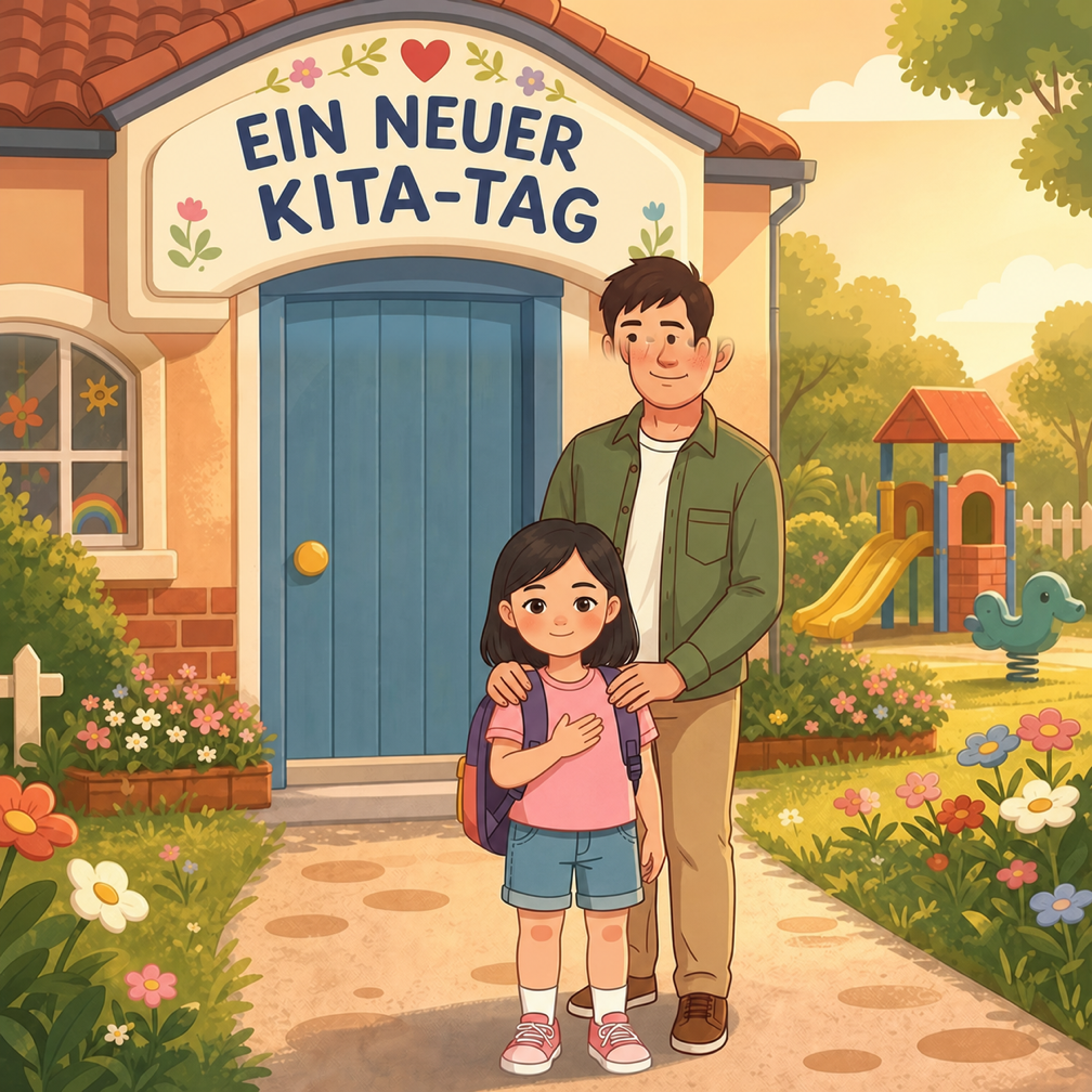 Ein neuer Kita-Tag German personalized storybook cover featuring Young girl and father