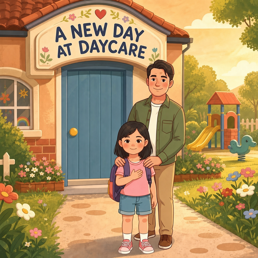 A New Day at Daycare English personalized storybook cover featuring Young girl and father