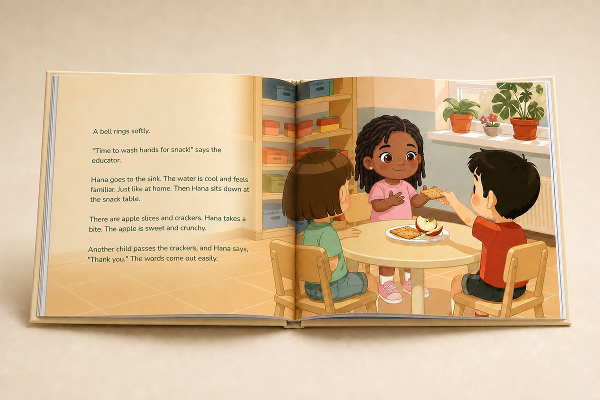 Another illustrated story spread inside the personalized A New Day at Daycare hardcover book