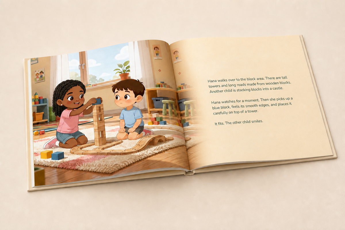 Open A New Day at Daycare hardcover showing its illustrated English story and readable text page