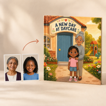 Photo portraits beside the personalized A New Day at Daycare square hardcover book