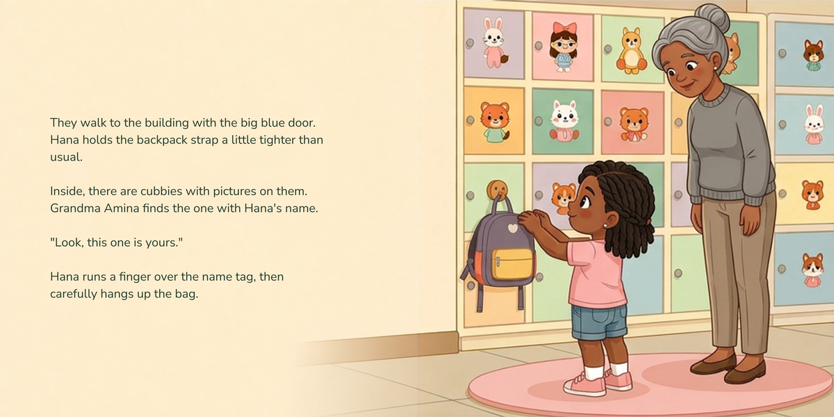 Full English story spread from A New Day at Daycare, with illustration continuing behind the text