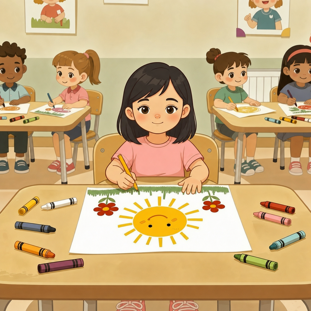 A New Day at Daycare personalized story art featuring Young girl and father: After story time, everyone goes to the art table. There are crayons, markers, and big…