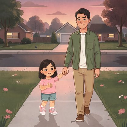 A New Day at Daycare personalized story art featuring Young girl and father: On the way home, Amara keeps talking, about the cool water at the sink, the soft…