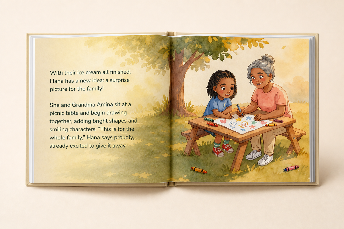Another illustrated story spread inside the personalized A Perfect Day hardcover book