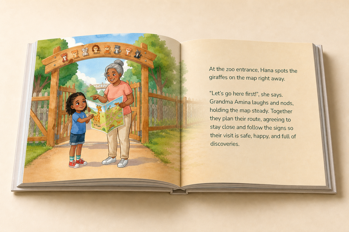Open A Perfect Day hardcover showing its illustrated English story and readable text page