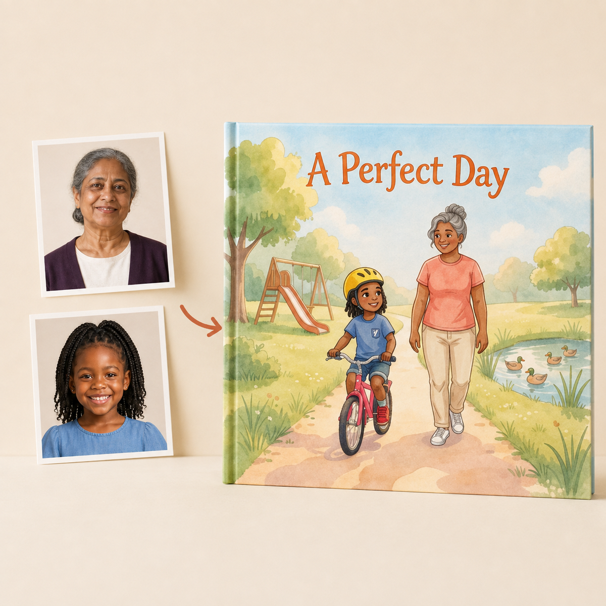 Photo portraits beside the personalized A Perfect Day square hardcover book