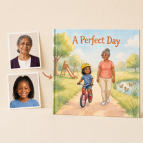 Photo portraits beside the personalized A Perfect Day square hardcover book