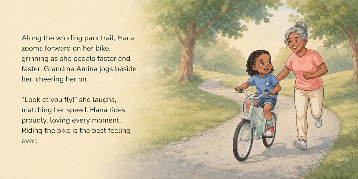 Full English story spread from A Perfect Day, with illustration continuing behind the text
