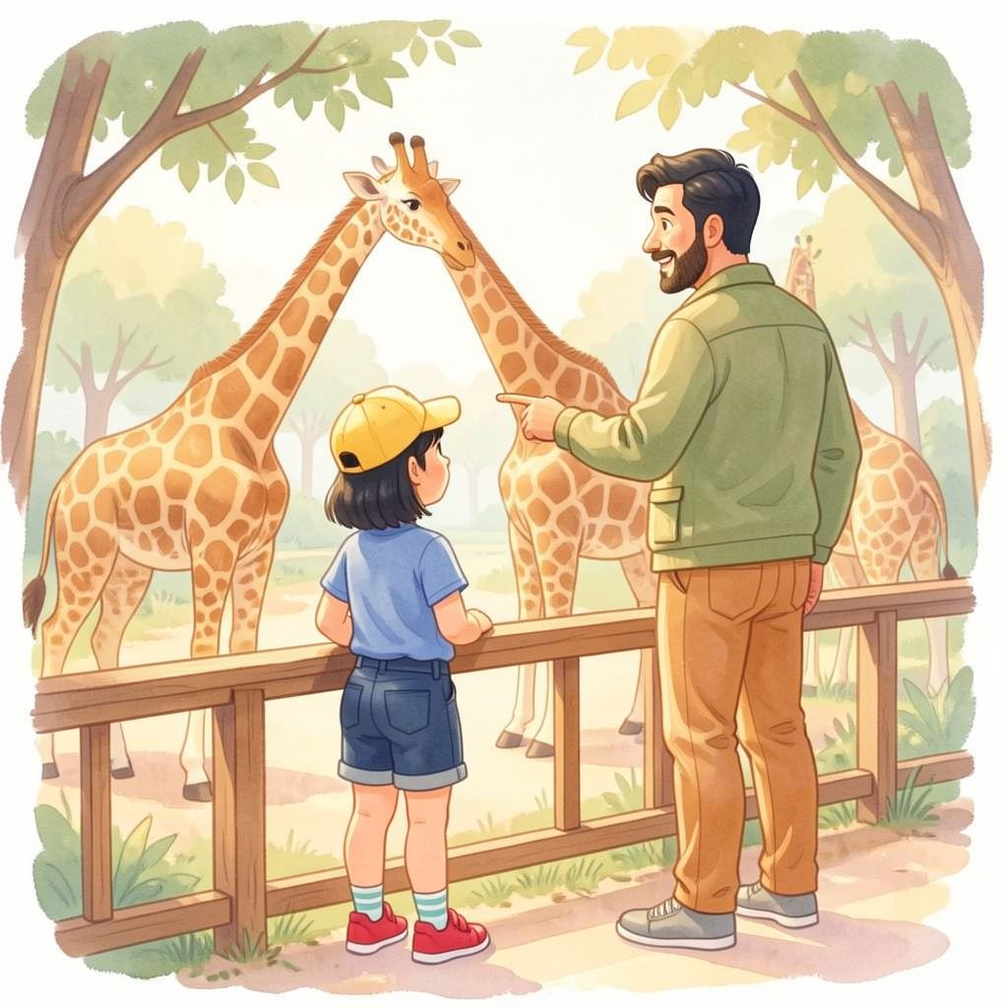 A Perfect Day personalized illustration for page 6: Nia and Uncle Marcus arrive at the giraffe habitat and pause at the railing, admiring…