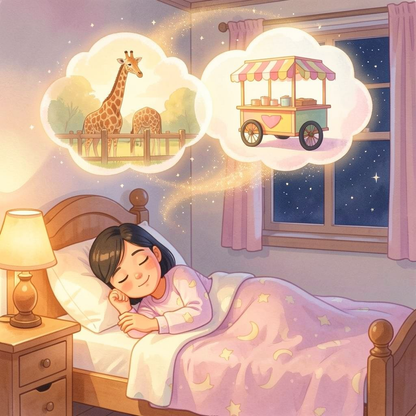 A Perfect Day personalized illustration for page 14: As Nia drifts into sleep, her mind fills with all the wonderful moments from the day.…