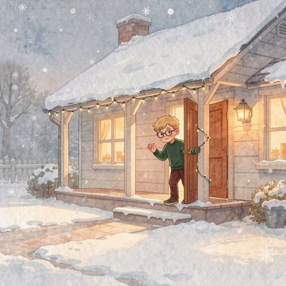 A Wonderful Christmas personalized story art featuring Young boy: It is finally snowing! Luca presses his nose against the window and looks happily…