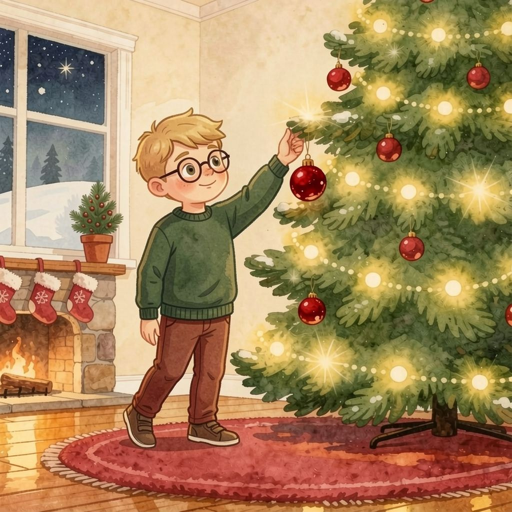 A Wonderful Christmas personalized story art featuring Young boy: The Christmas tree in the living room is green and huge. Luca gets to hang a shiny…