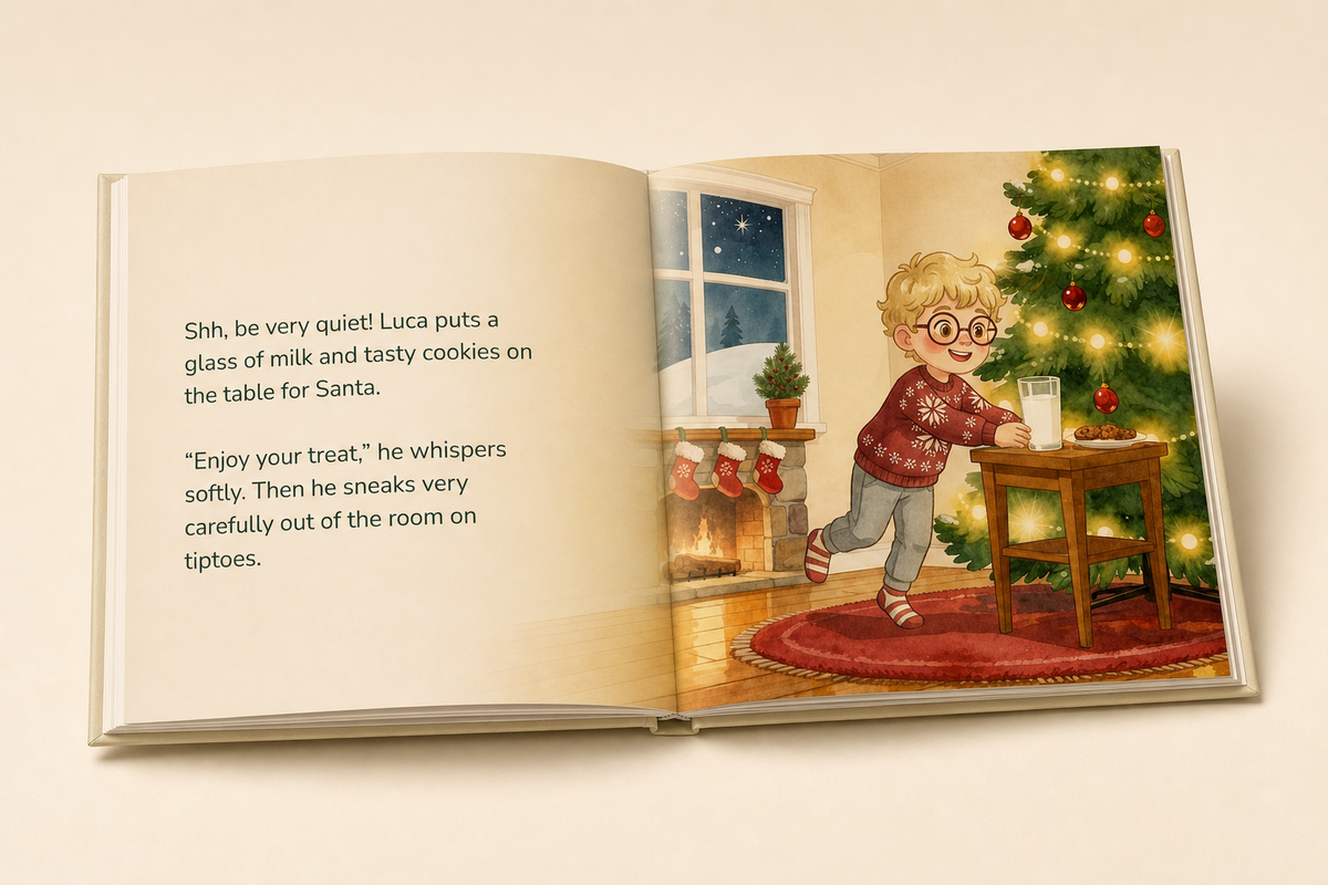 Another illustrated story spread inside the personalized A Wonderful Christmas hardcover book