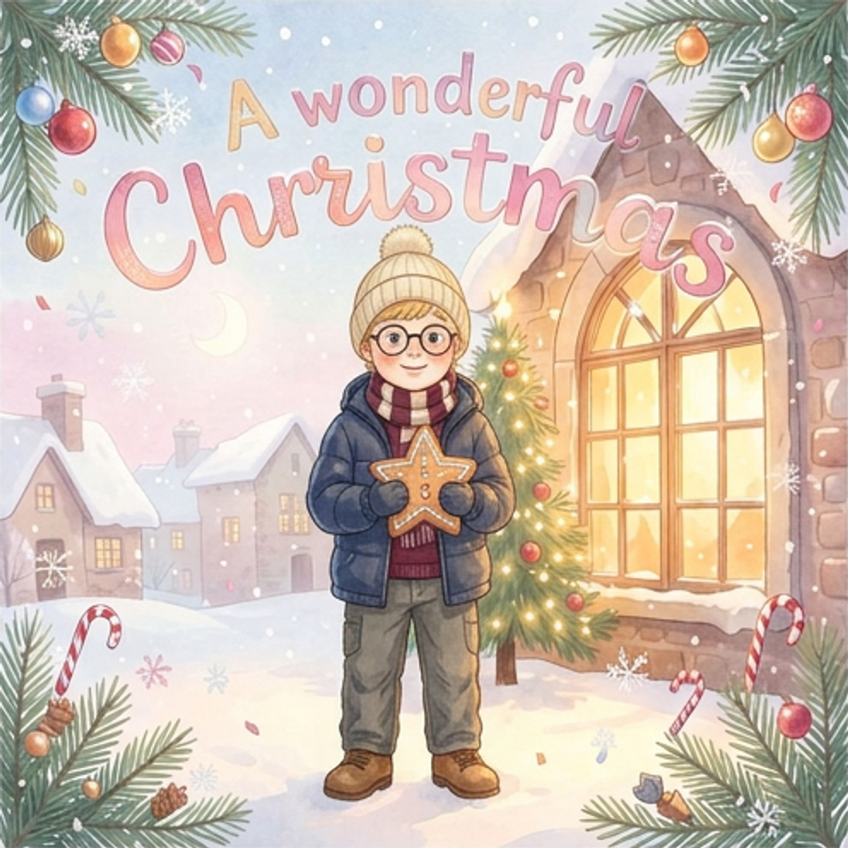 Actual generated A Wonderful Christmas cover featuring Luca, a blond boy with glasses