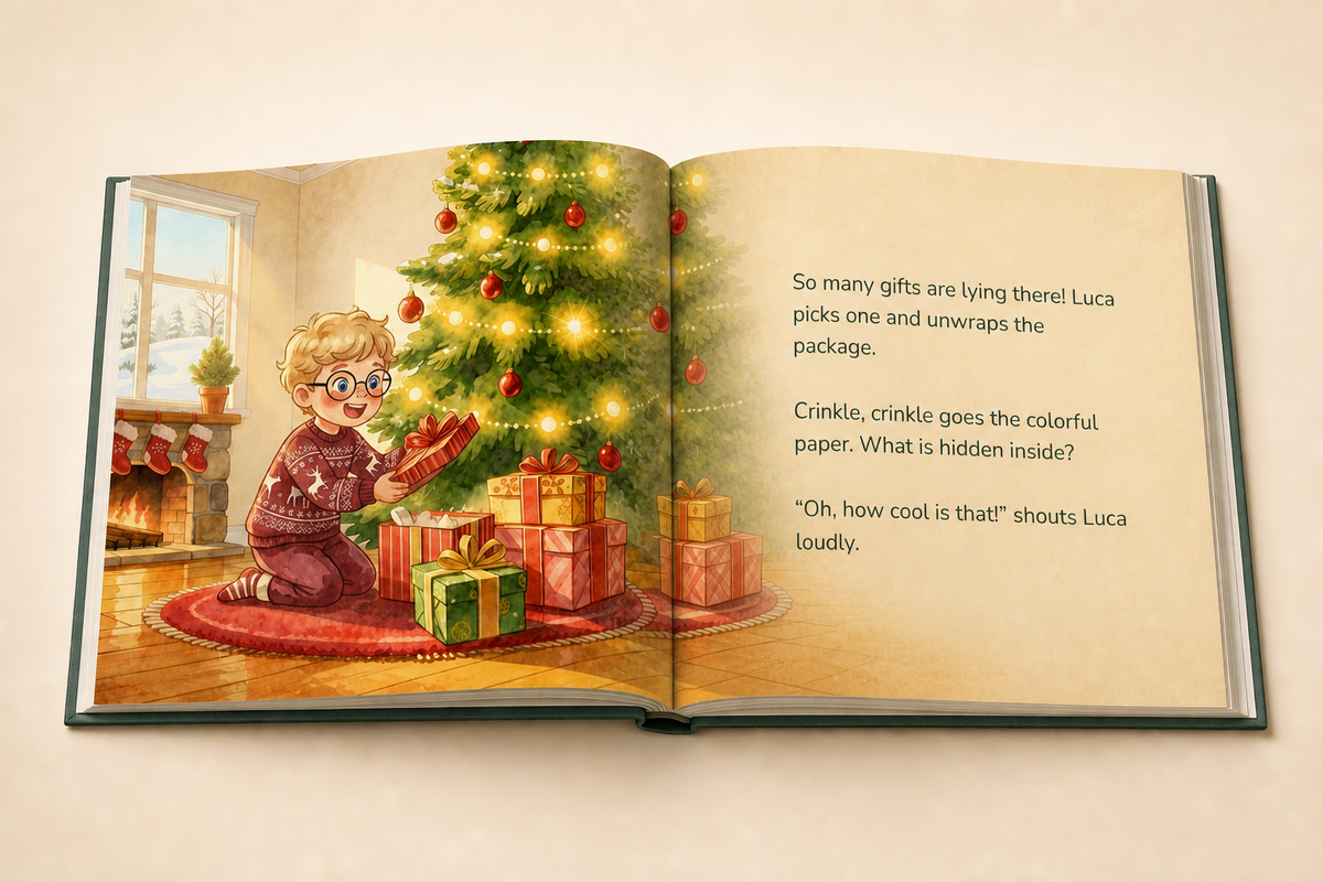 Actual A Wonderful Christmas hardcover spread showing Luca opening a Christmas present