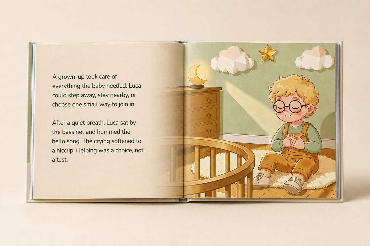 Another illustrated story spread inside the personalized Becoming a Big Sibling hardcover book