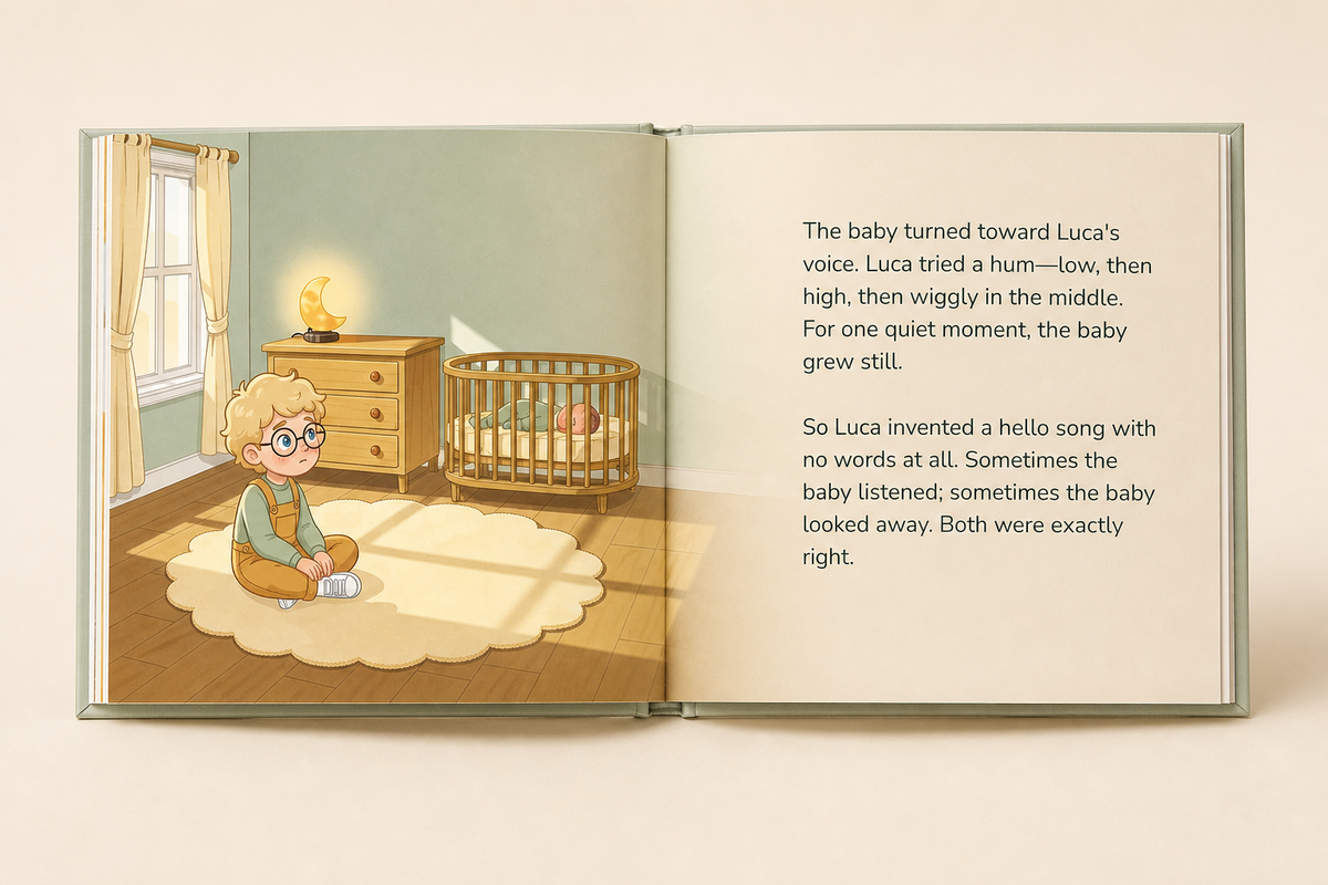 Open Becoming a Big Sibling hardcover showing its illustrated English story and readable text page