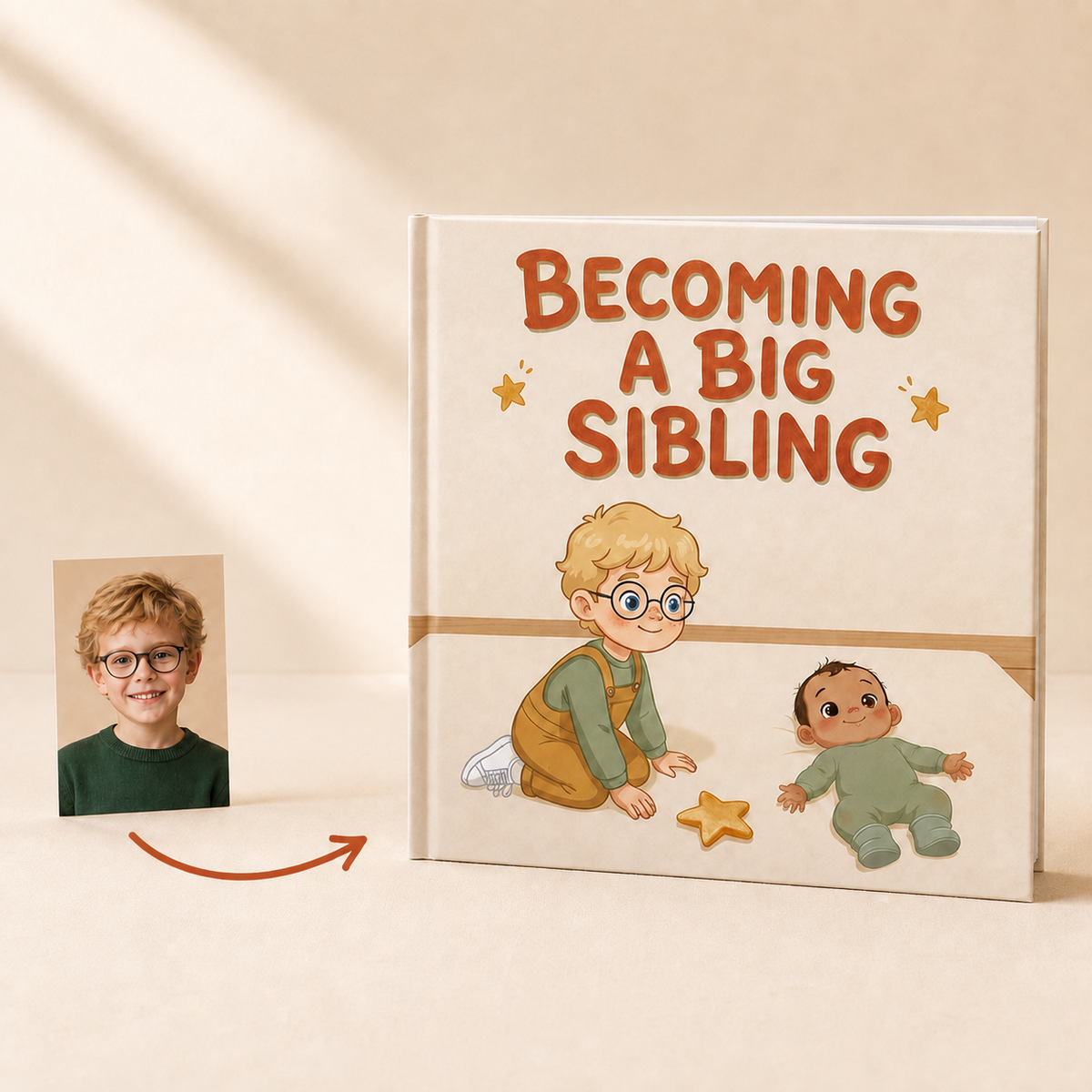 Photo portraits beside the personalized Becoming a Big Sibling square hardcover book