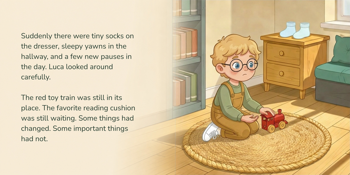 Full English story spread from Becoming a Big Sibling, with illustration continuing behind the text