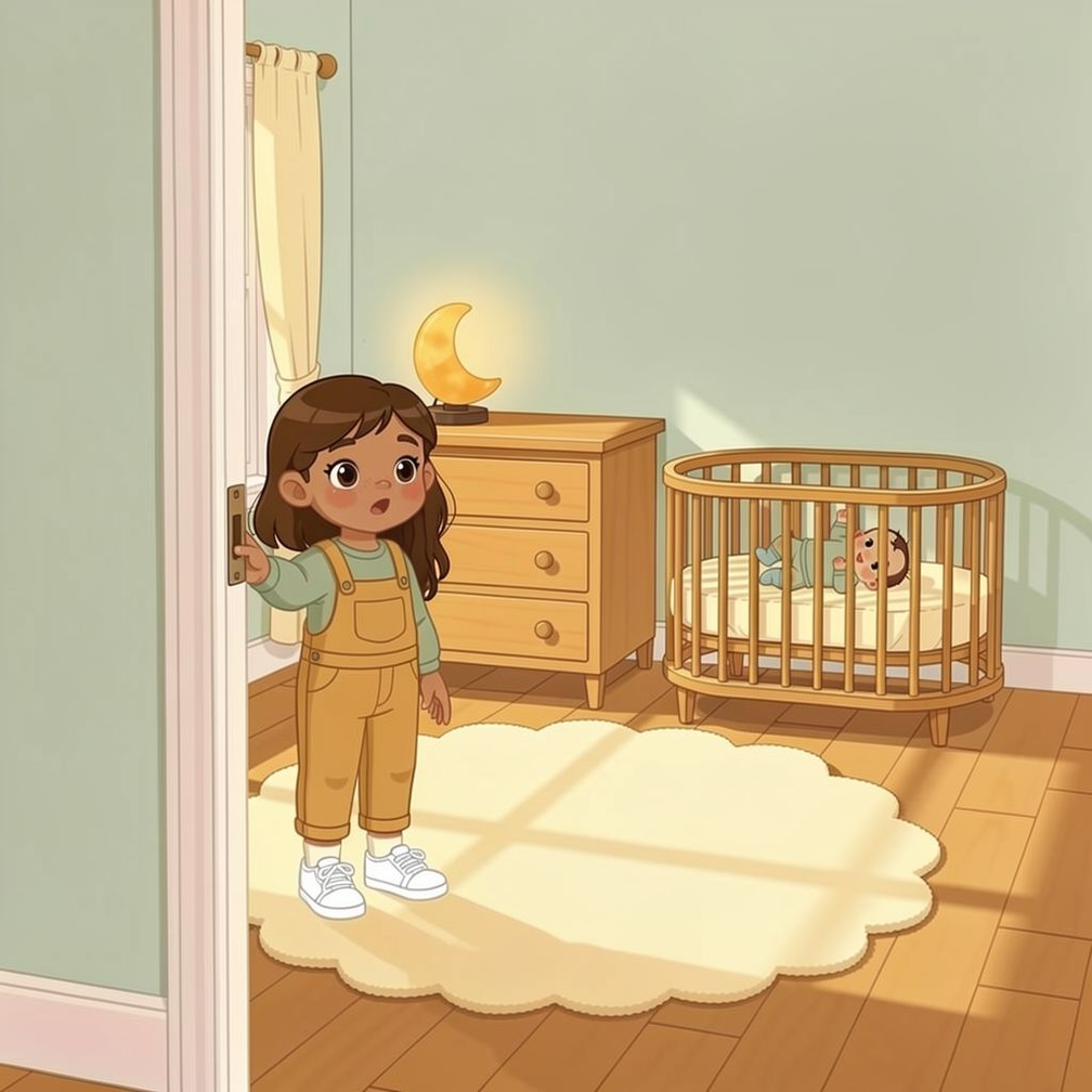 Becoming a Big Sibling personalized story art featuring Young girl becoming a big sibling: These days, the house had a new little sound: a tiny squeak, soft as a mouse. One…