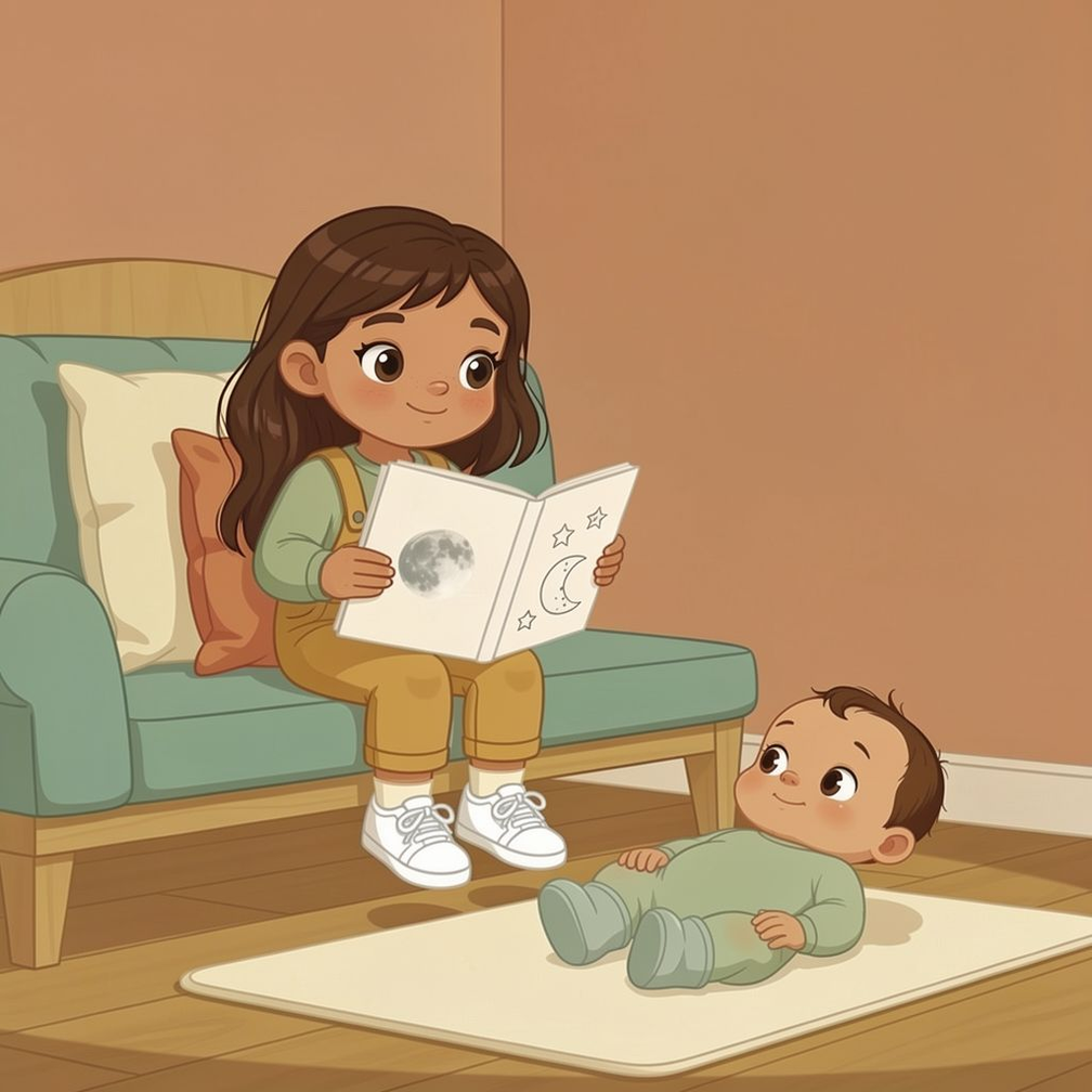 Becoming a Big Sibling personalized story art featuring Young girl becoming a big sibling: Later, Mila opened the wordless moon book and held it nearby. For a moment, the baby's…