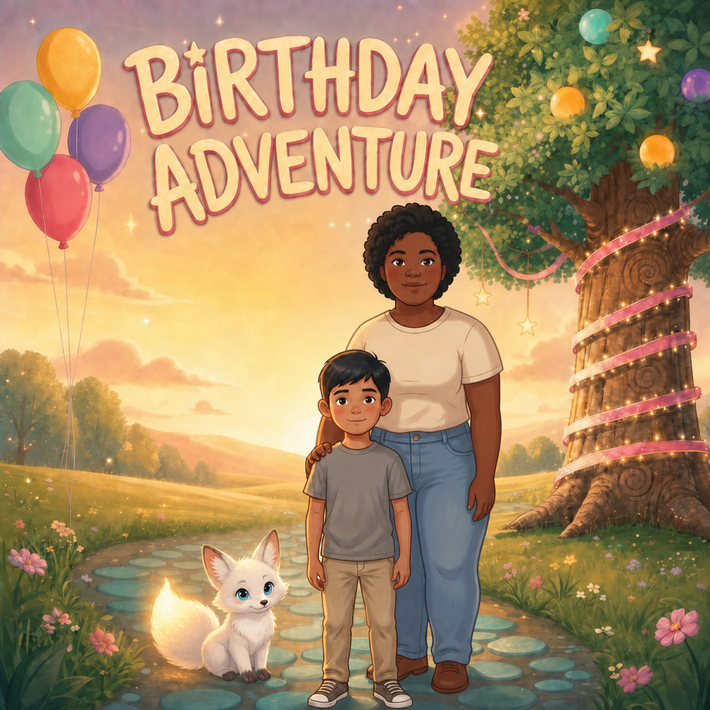 Birthday Adventure English personalized storybook cover featuring Young boy and aunt