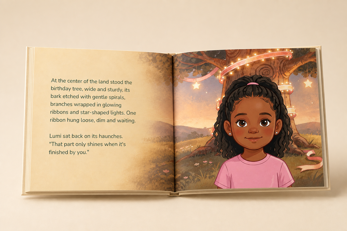 Another illustrated story spread inside the personalized Birthday Adventure hardcover book