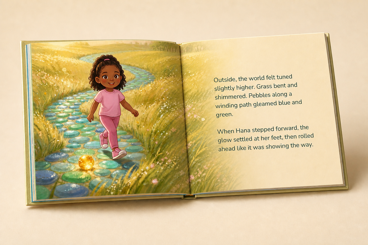 Open Birthday Adventure hardcover showing its illustrated English story and readable text page