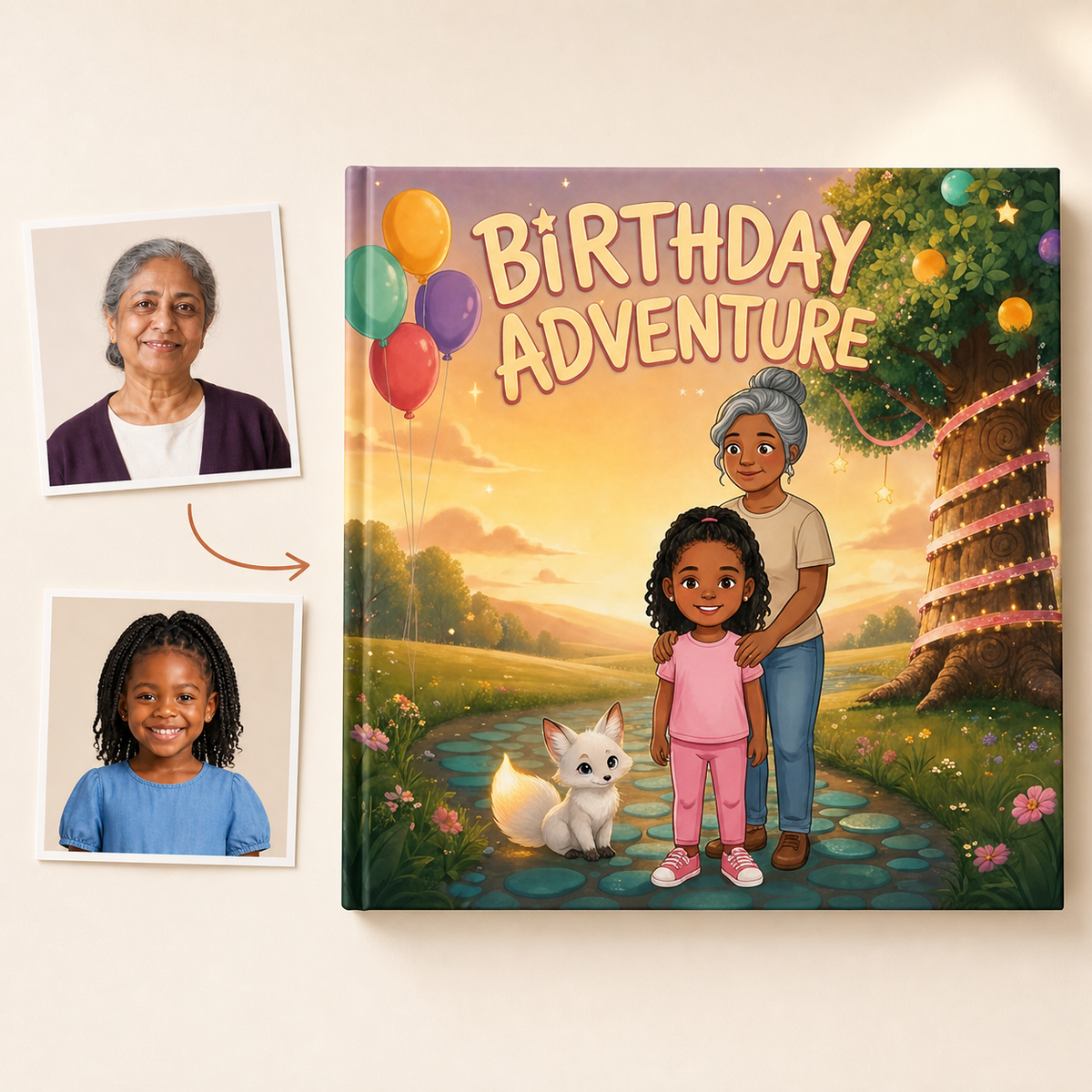 Photo portraits beside the personalized Birthday Adventure square hardcover book