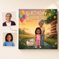 Photo portraits beside the personalized Birthday Adventure square hardcover book