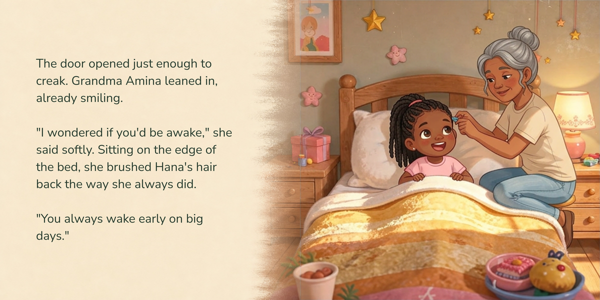Full English story spread from Birthday Adventure, with illustration continuing behind the text
