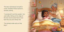 Full English story spread from Birthday Adventure, with illustration continuing behind the text