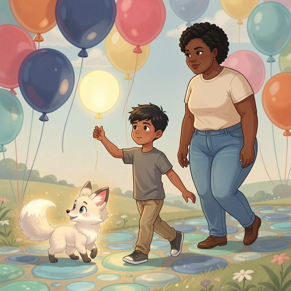 Birthday Adventure personalized illustration for page 7: As Mateo walked, balloons drifted above the path. When he reached up and tapped one,…