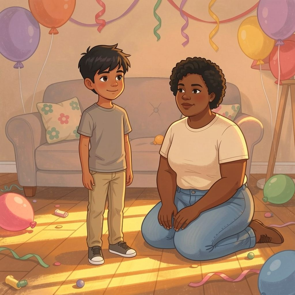 Birthday Adventure personalized illustration for page 14: Later, when the room grew quiet again, a stripe of evening light crossed the floor…