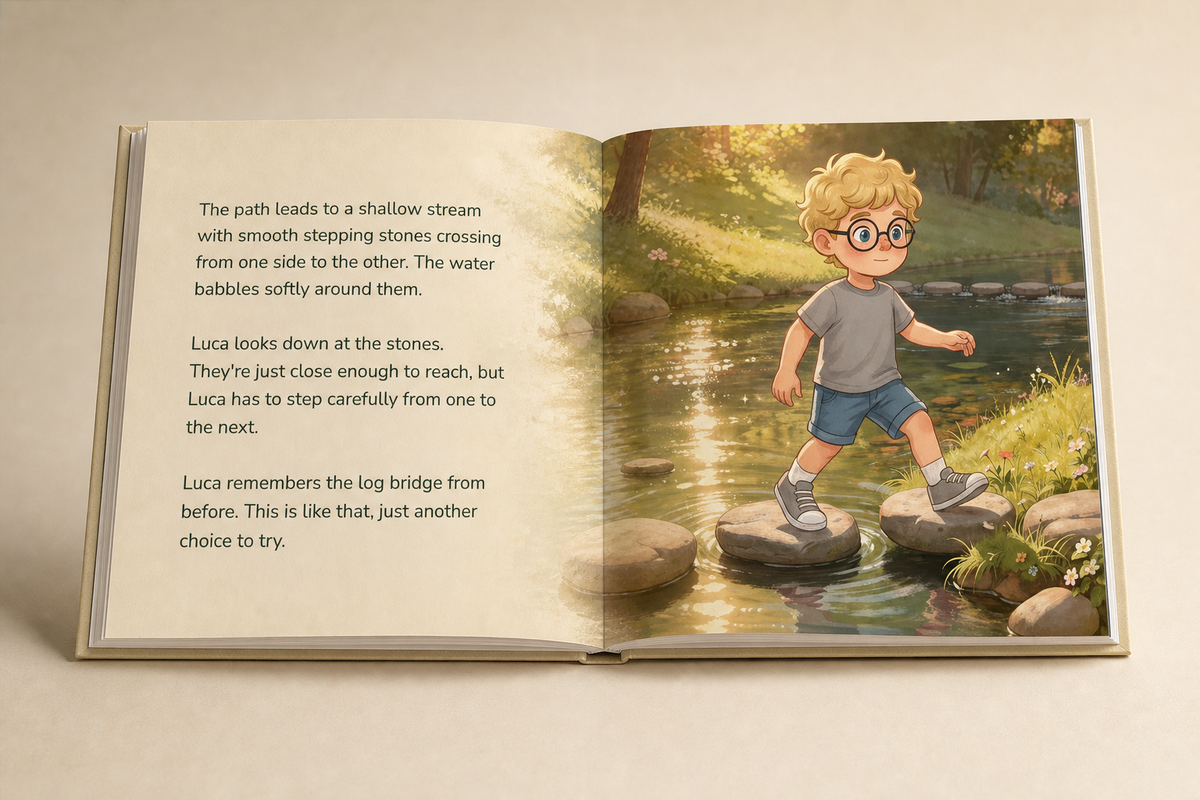 Another illustrated story spread inside the personalized Brave Journey hardcover book