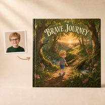 Photo portraits beside the personalized Brave Journey square hardcover book