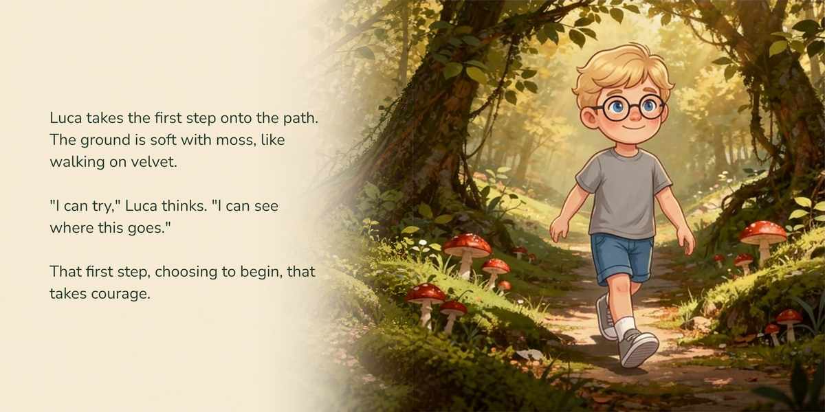 Full English story spread from Brave Journey, with illustration continuing behind the text