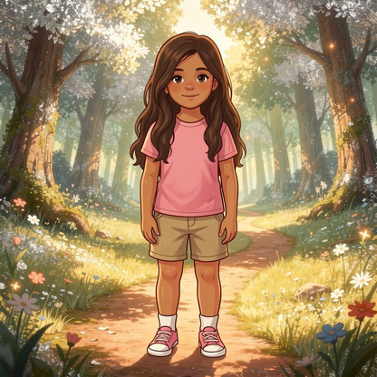 Brave Journey personalized illustration for page 1: The Whispering Woods hum with soft magic today. Silvery light filters through the…