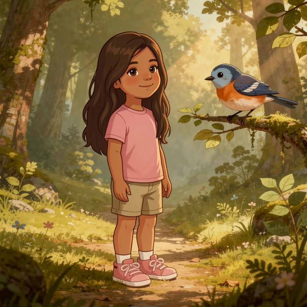 Brave Journey personalized illustration for page 7: Further along, Leila hears a soft sound, a quiet chirping. A little bird sits on a low…