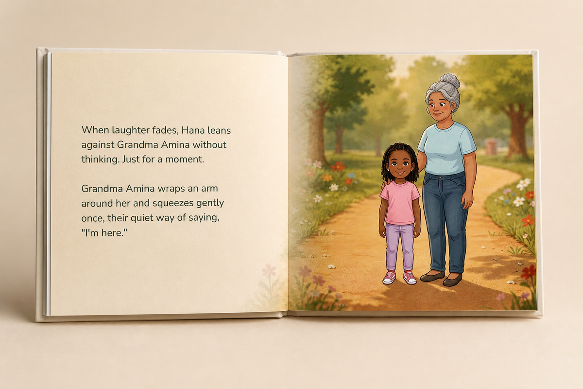 Another illustrated story spread inside the personalized Little Moments, Big Love hardcover book