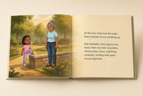 Open Little Moments, Big Love hardcover showing its illustrated English story and readable text page