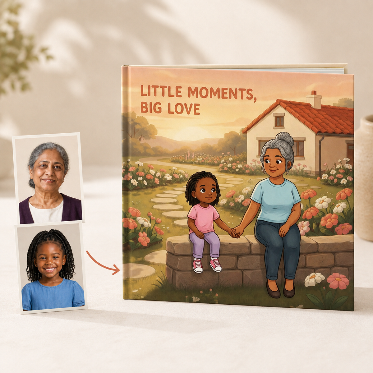 Photo portraits beside the personalized Little Moments, Big Love square hardcover book
