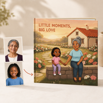 Photo portraits beside the personalized Little Moments, Big Love square hardcover book